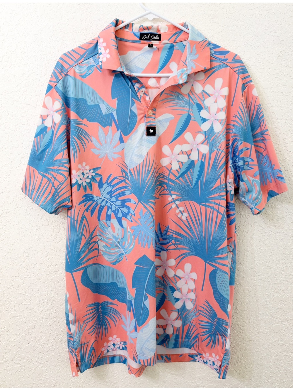 Bad Birdie Coral & Blue Floral Palm Polo Shirt - XL